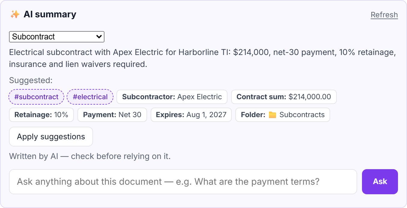 AI summary of a contract with extracted parties, value, term and payment terms