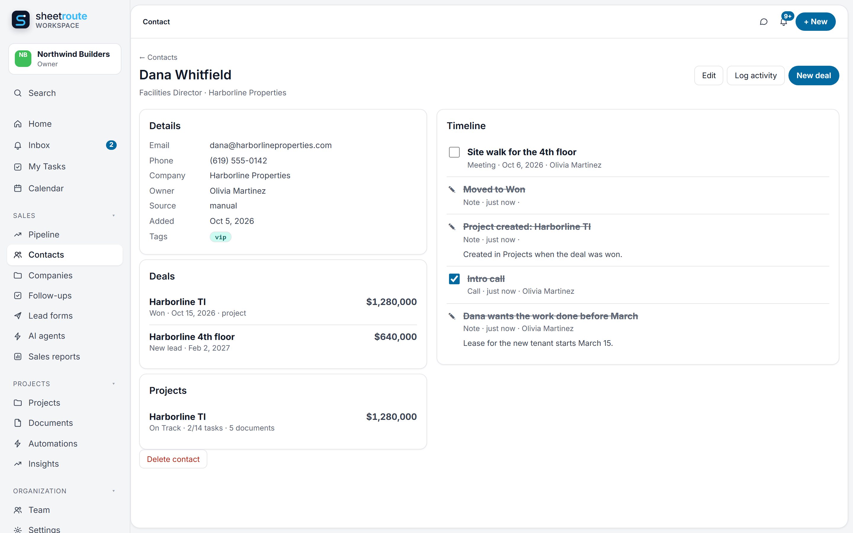Contact page with details, deals and a follow-up on the timeline