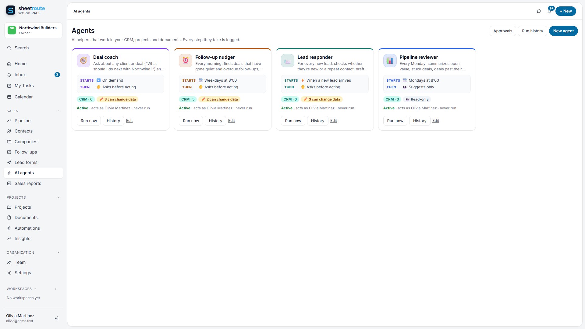 Agents page with a Deal coach and a Pipeline reviewer