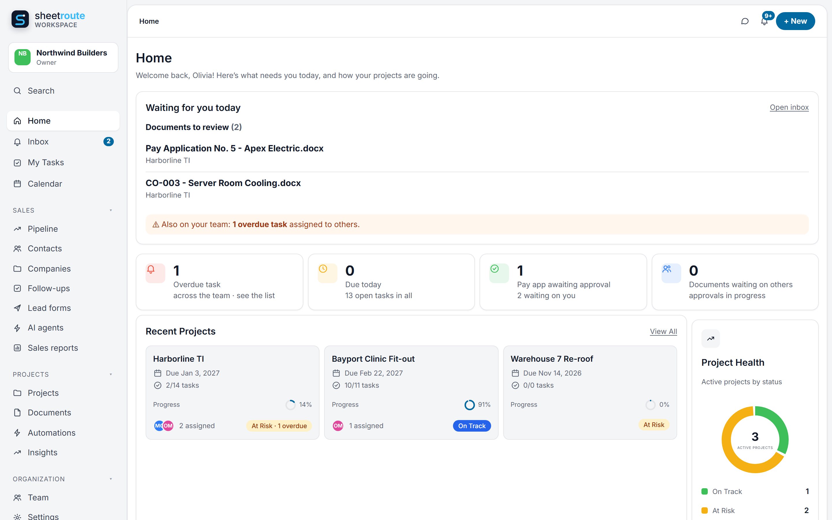 Projects dashboard with tasks due, project health and recent activity