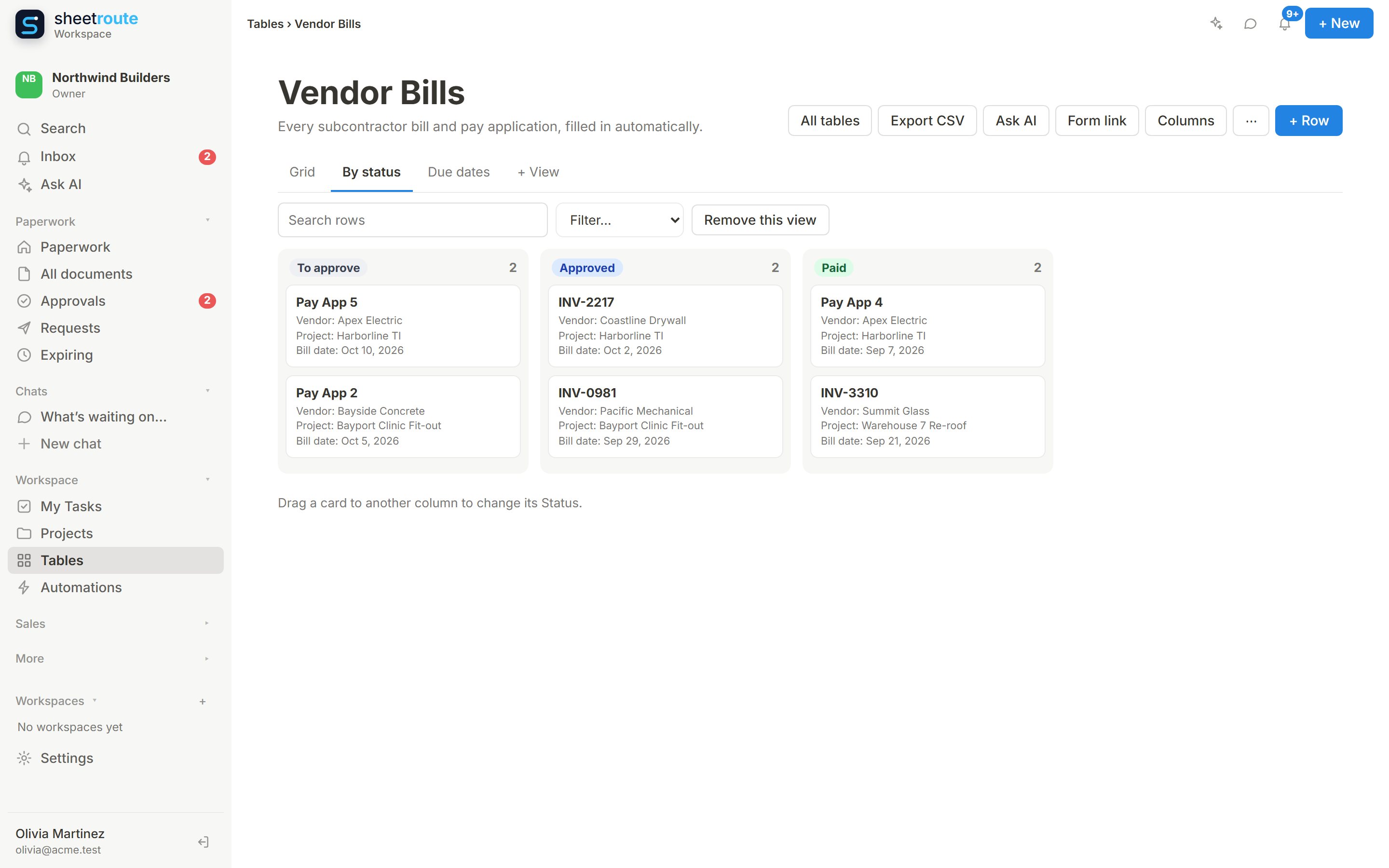 Vendor Bills as a board: To approve, Approved and Paid
