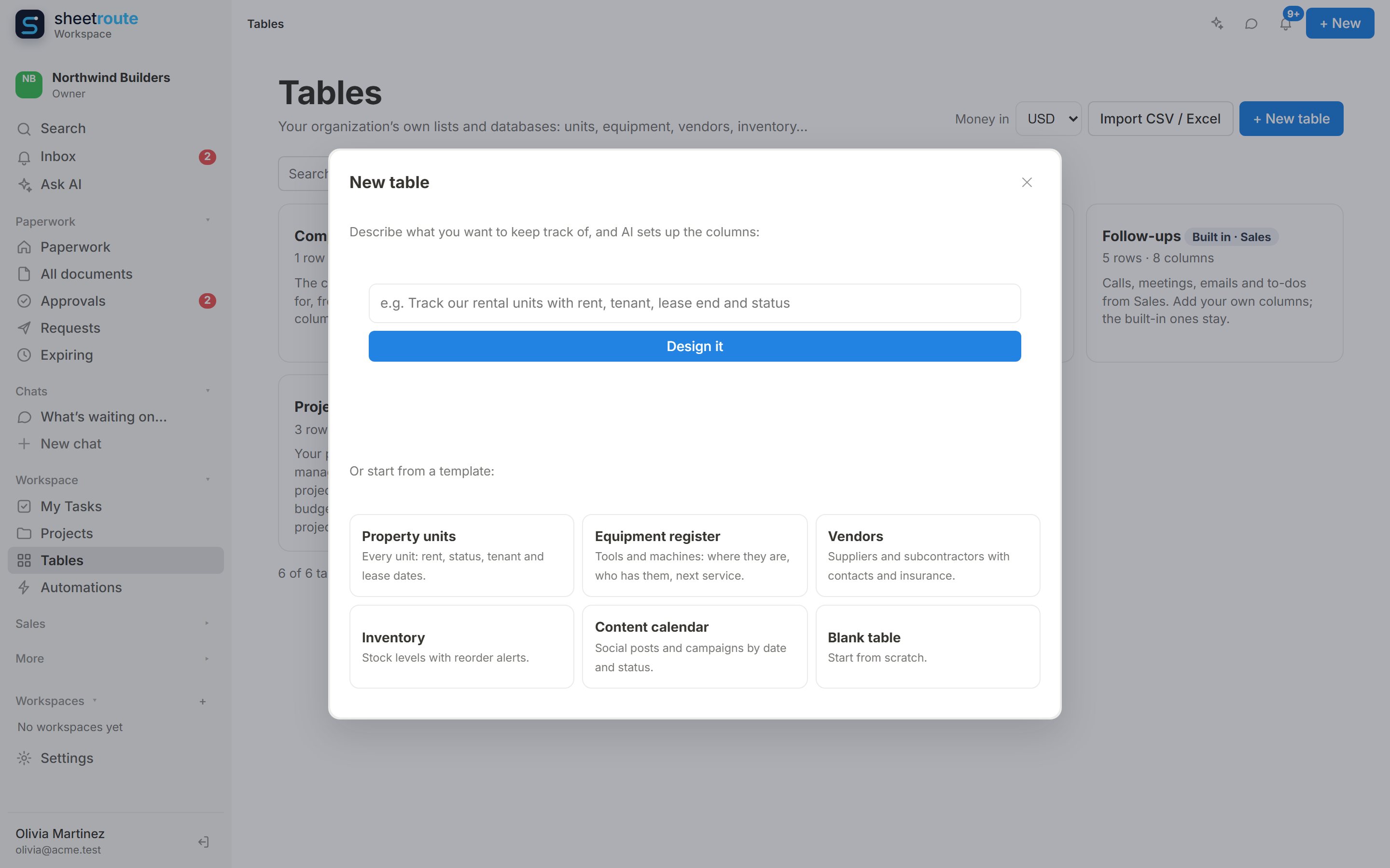 Creating a table: describe it for AI, or start from a template
