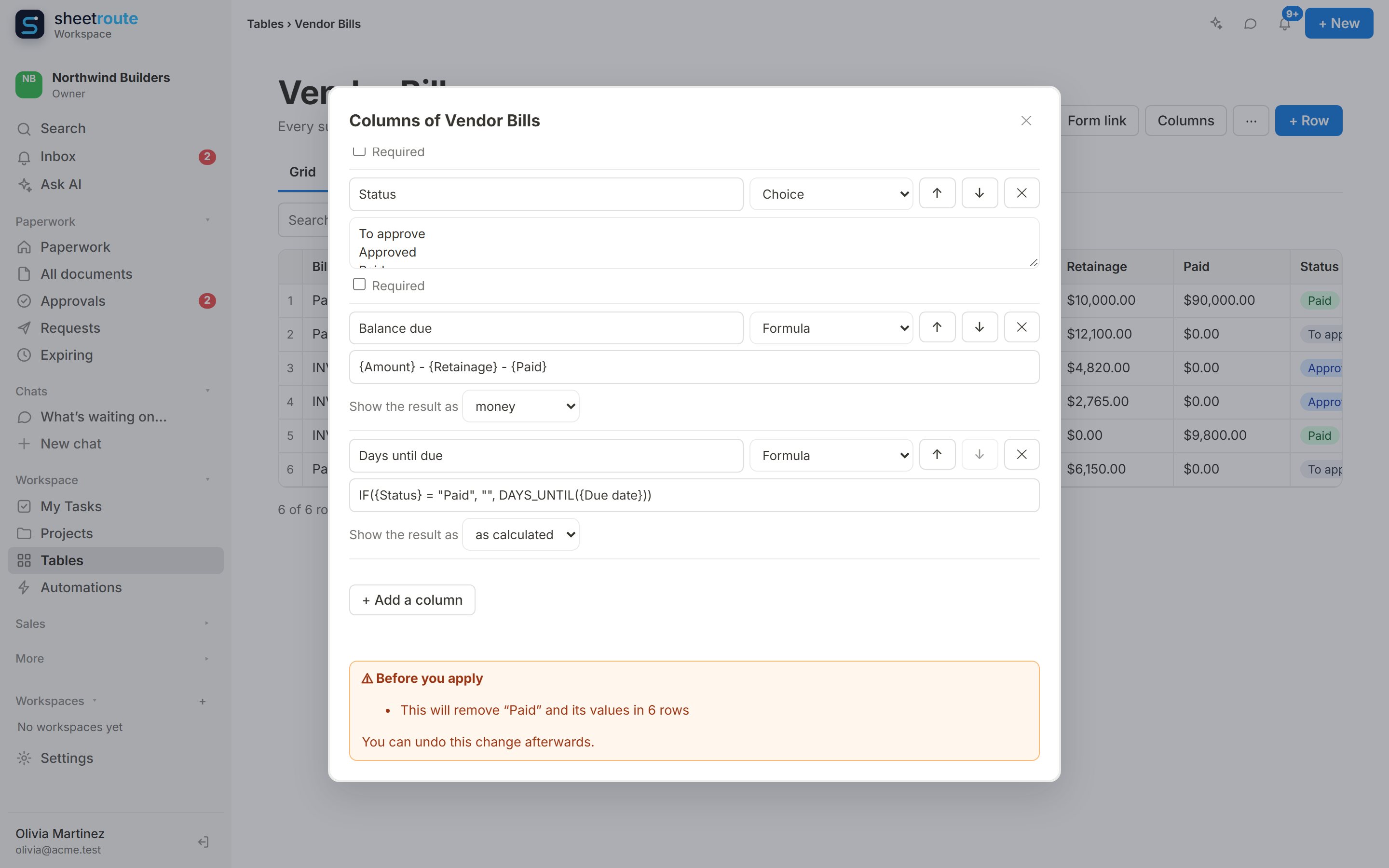 A plain-words warning before a column with values is removed