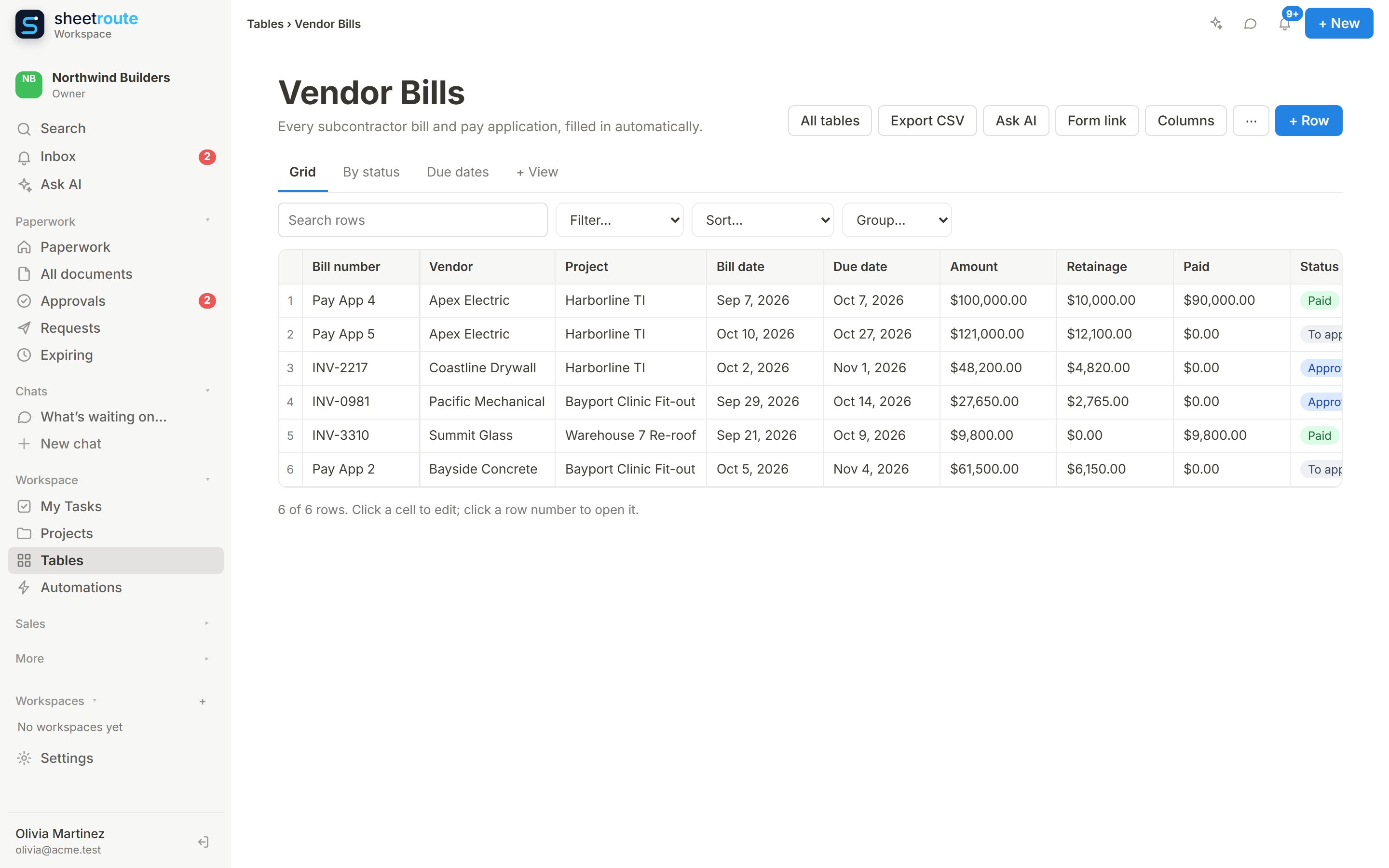 The Vendor Bills table with bill numbers, vendors, projects, dates, amounts, retainage and status