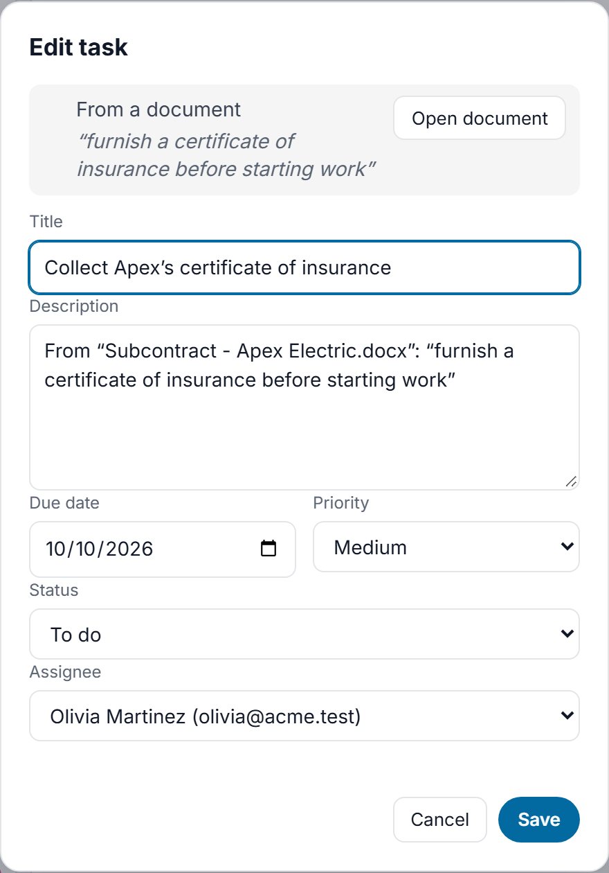 A task created from Apex Electric's subcontract, quoting “furnish a certificate of insurance before starting work”