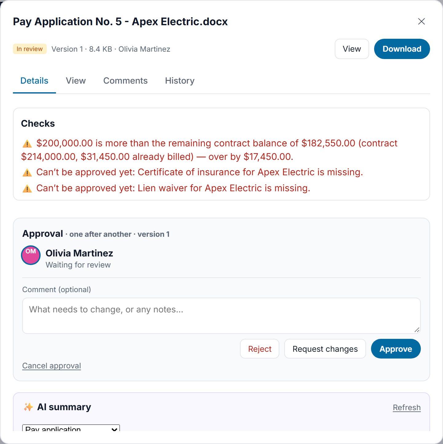 A pay application flagged as over the remaining contract balance, with approval blocked